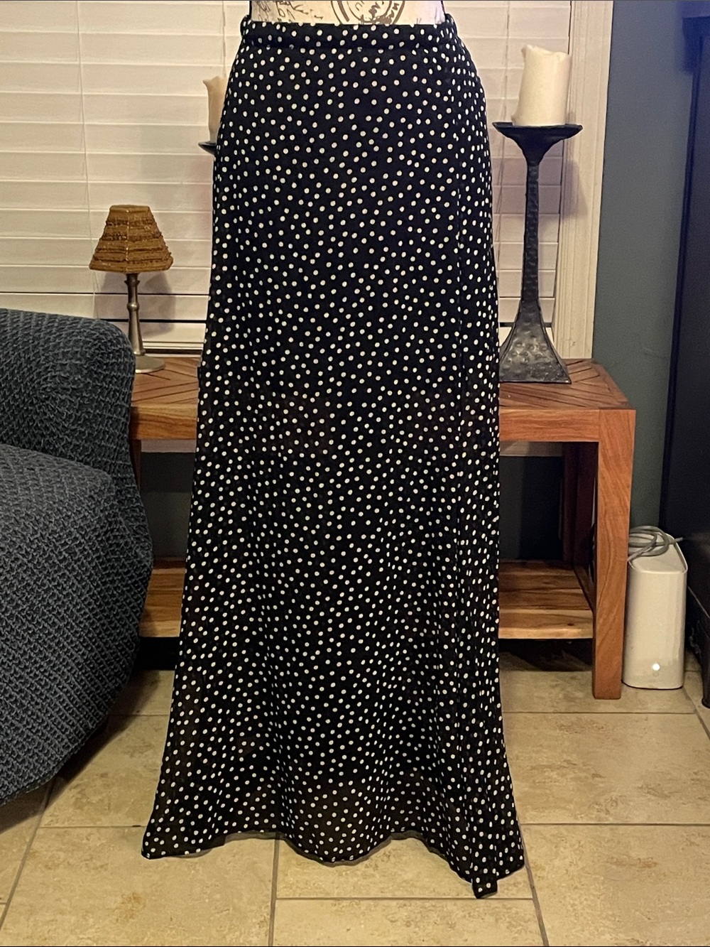 Polka Dot Black Maxi Skirt – Elegant High-Waist Flowy Style